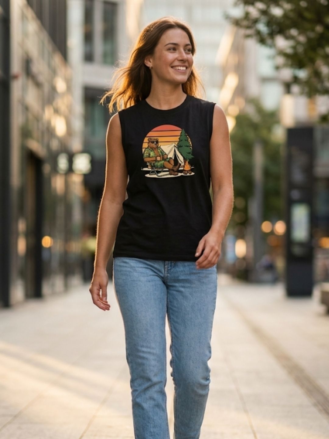 Camping Bear Retro Sunset Muscle Tank – Women’s Black