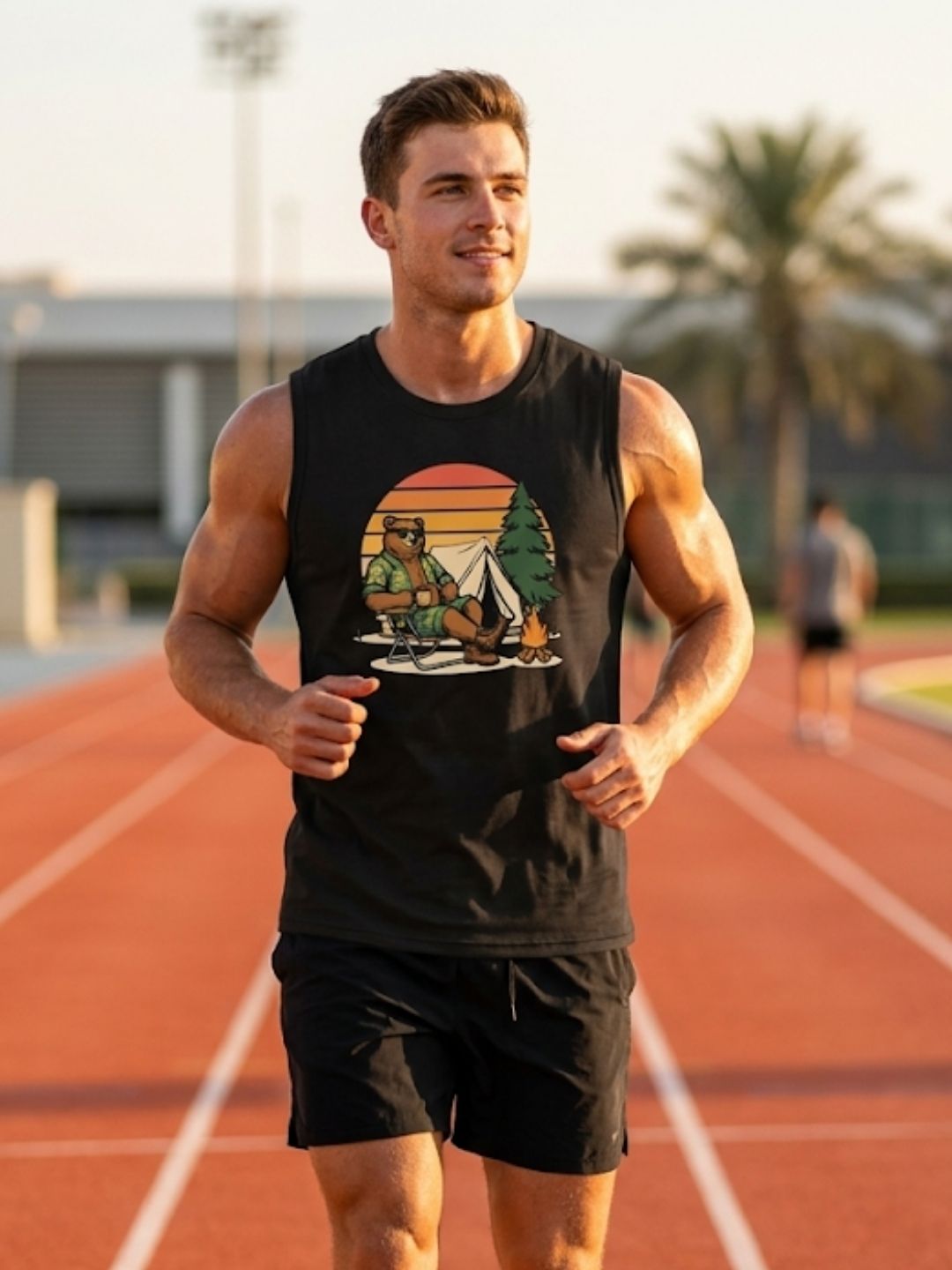 Camping Bear Retro Sunset Muscle Tank – Black