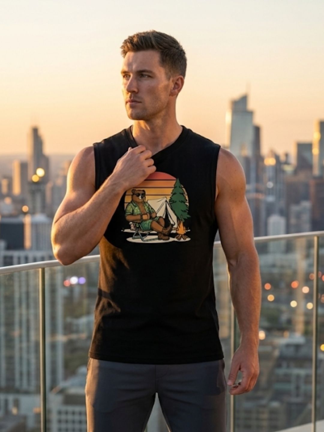 Camping Bear Retro Sunset Muscle Tank – Black