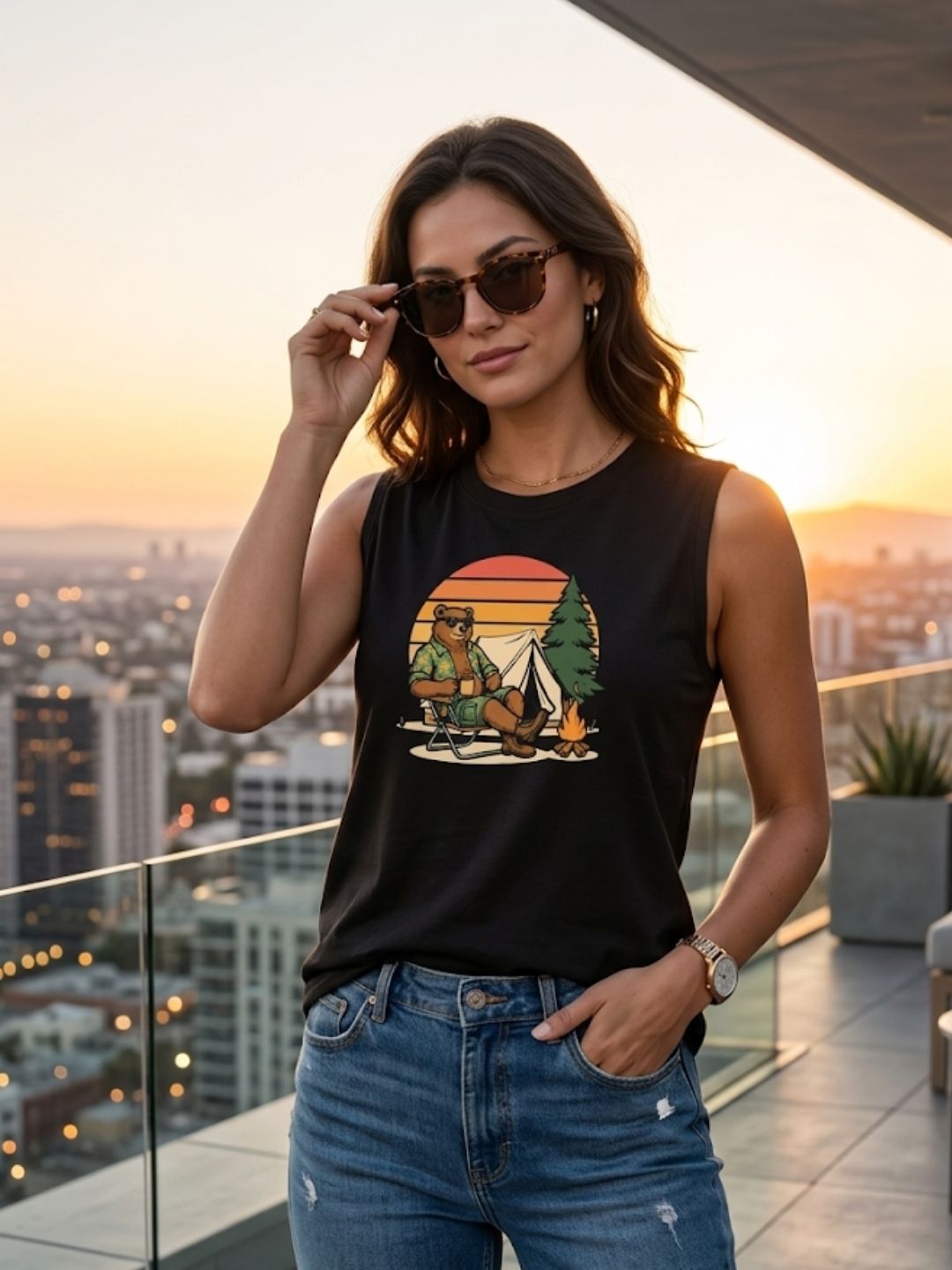 Camping Bear Retro Sunset Muscle Tank – Women’s Black