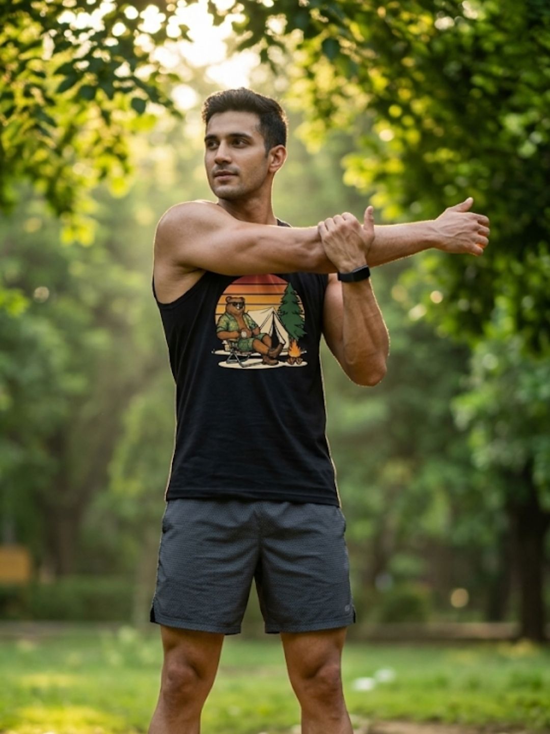 Camping Bear Retro Sunset Muscle Tank – Black