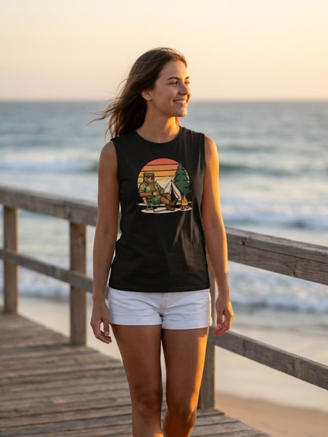 Camping Bear Retro Sunset Muscle Tank – Women’s Black