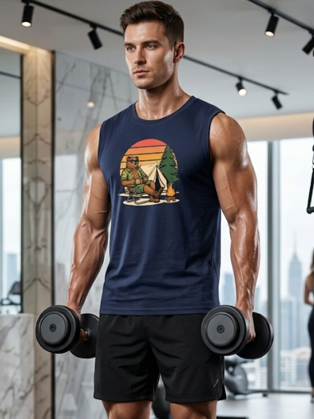 Retro Sunset Camping Bear Muscle Tank – Navy Blue