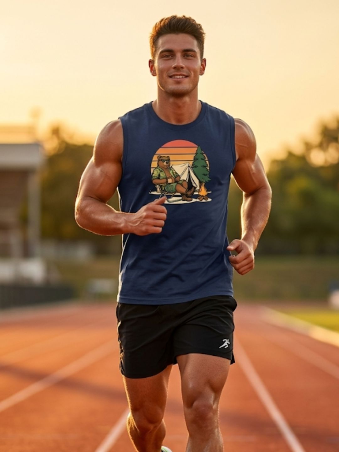 Retro Sunset Camping Bear Muscle Tank – Navy Blue