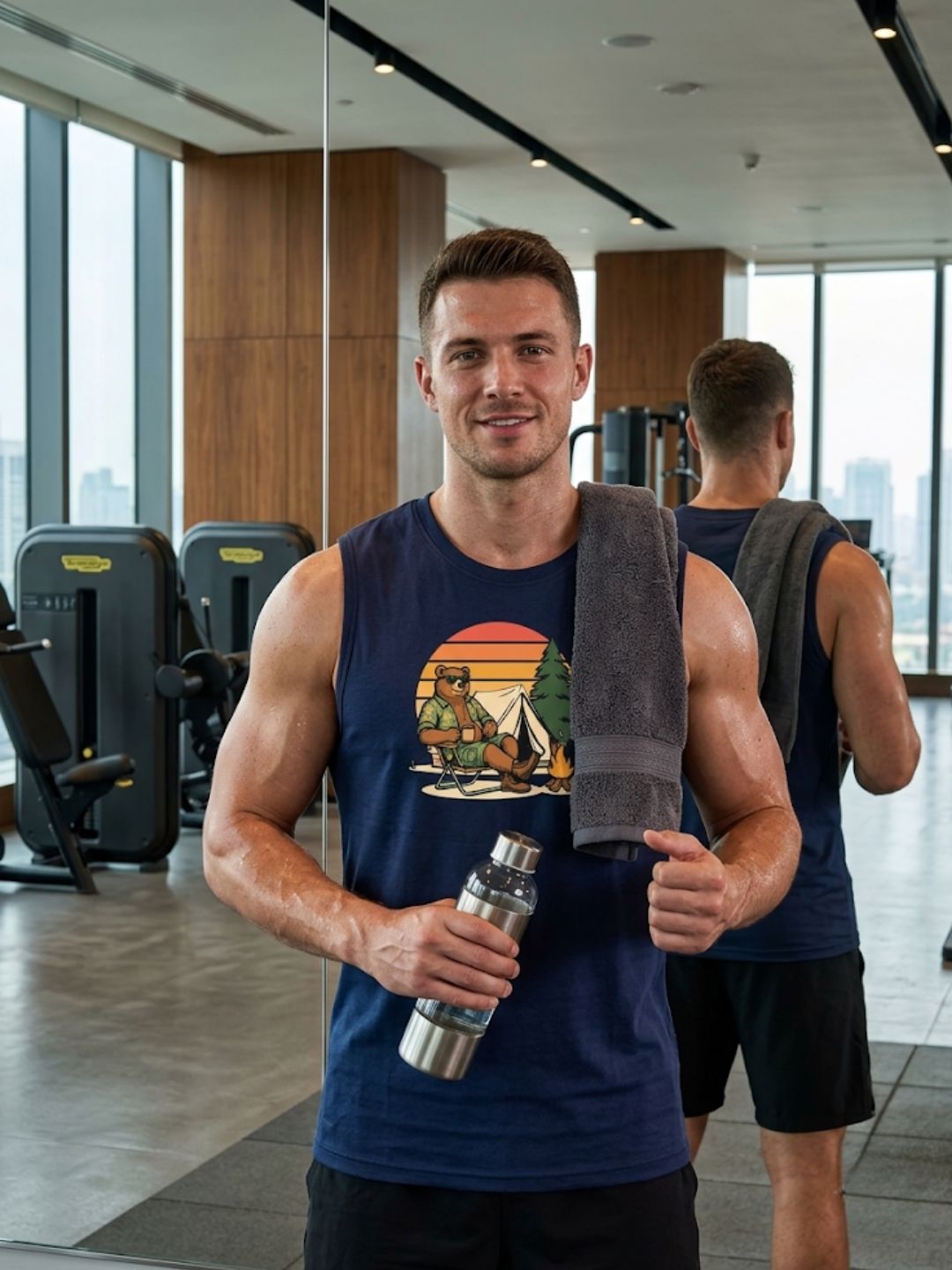 Retro Sunset Camping Bear Muscle Tank – Navy Blue