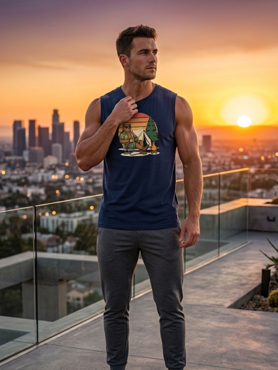 Retro Sunset Camping Bear Muscle Tank – Navy Blue