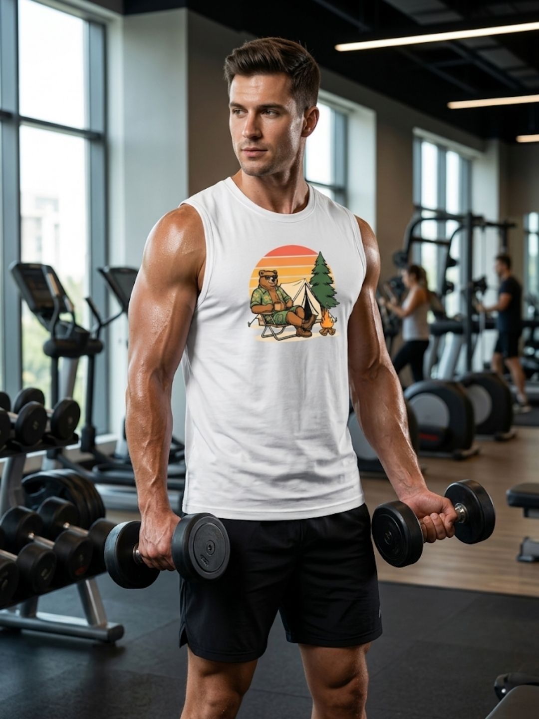 Camping Bear Sunset Muscle Tank – Men’s White