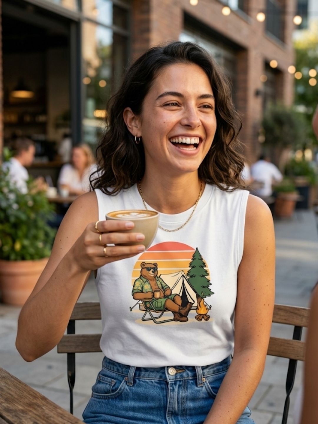 Camping Bear Retro Sunset Muscle Tank – Women’s White