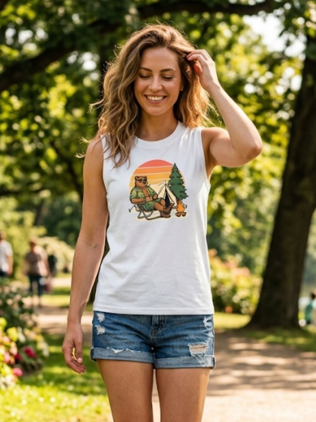 Camping Bear Retro Sunset Muscle Tank – Women’s White