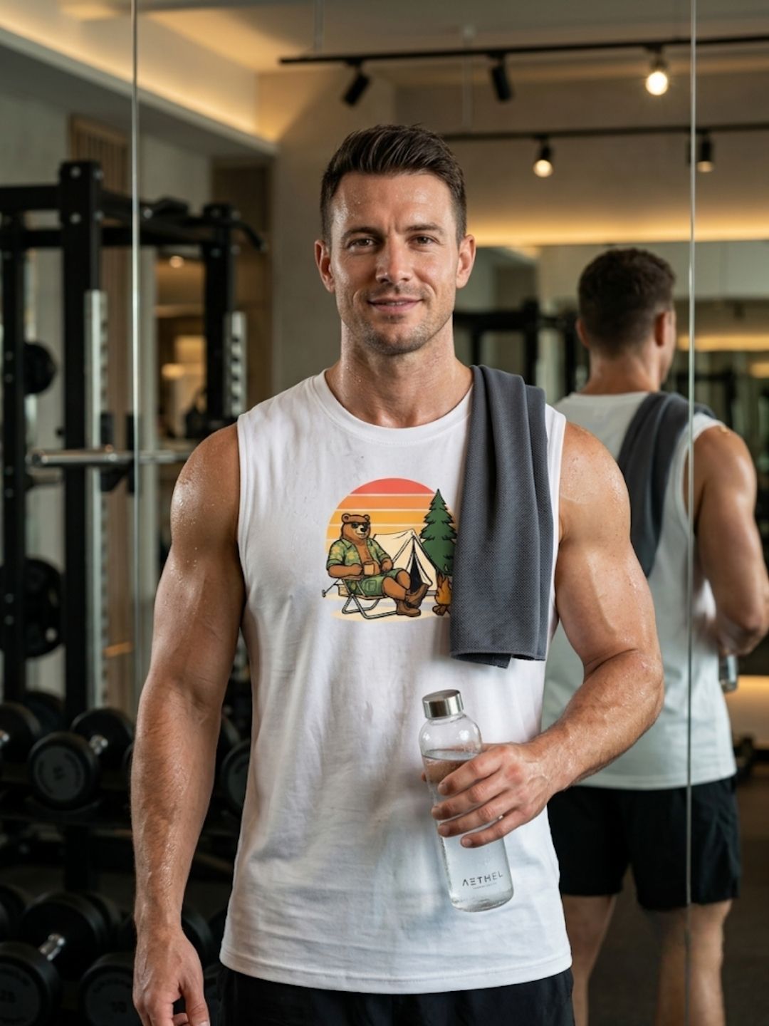 Camping Bear Sunset Muscle Tank – Men’s White