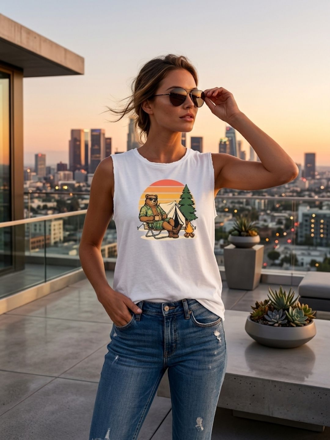 Camping Bear Retro Sunset Muscle Tank – Women’s White
