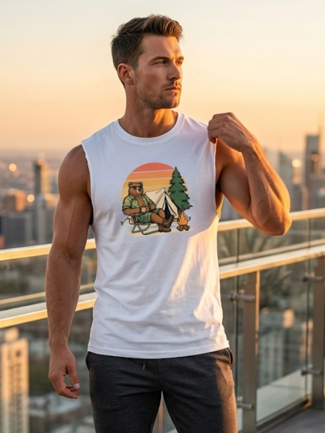 Camping Bear Sunset Muscle Tank – Men’s White