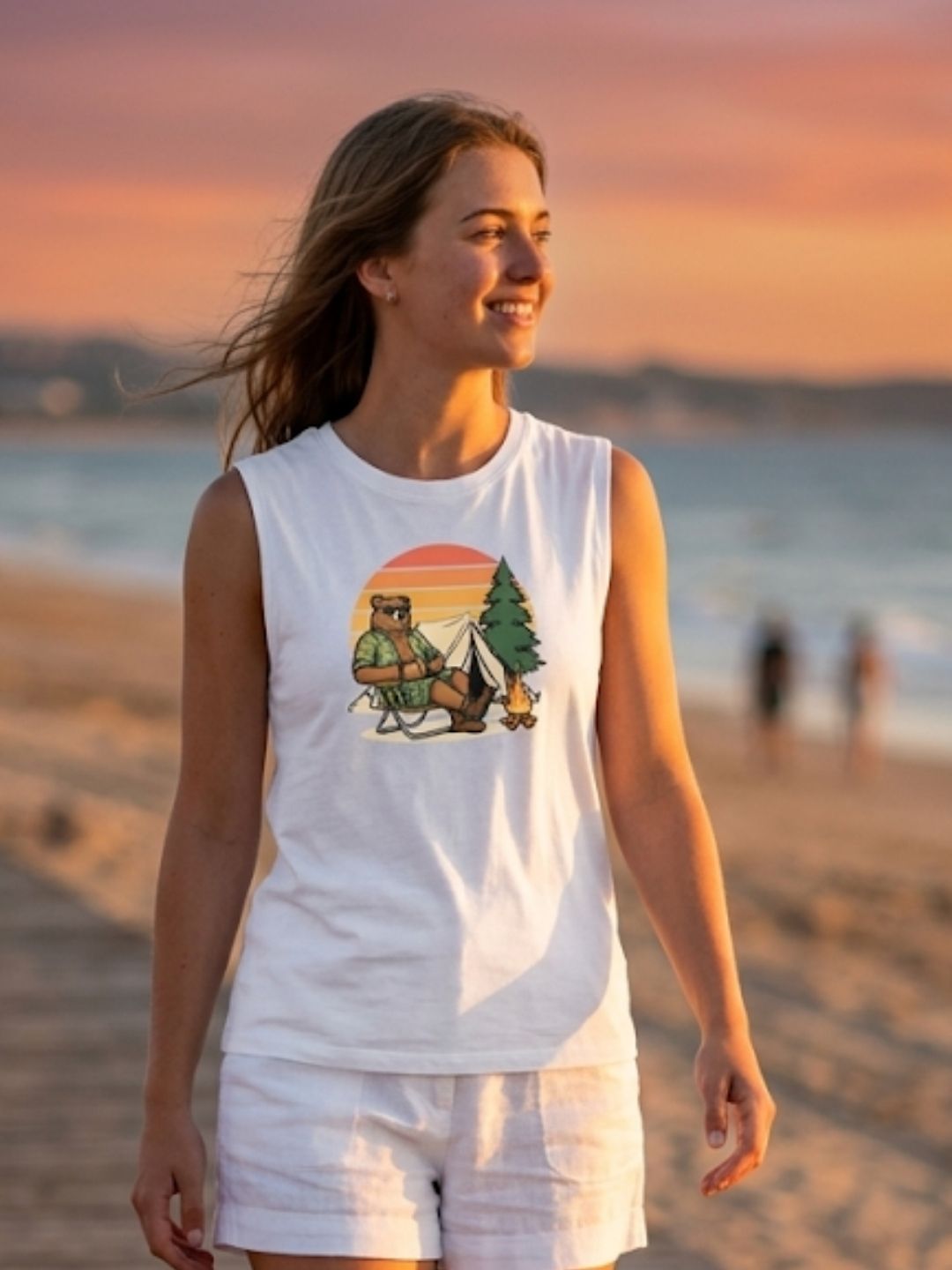 Camping Bear Retro Sunset Muscle Tank – Women’s White