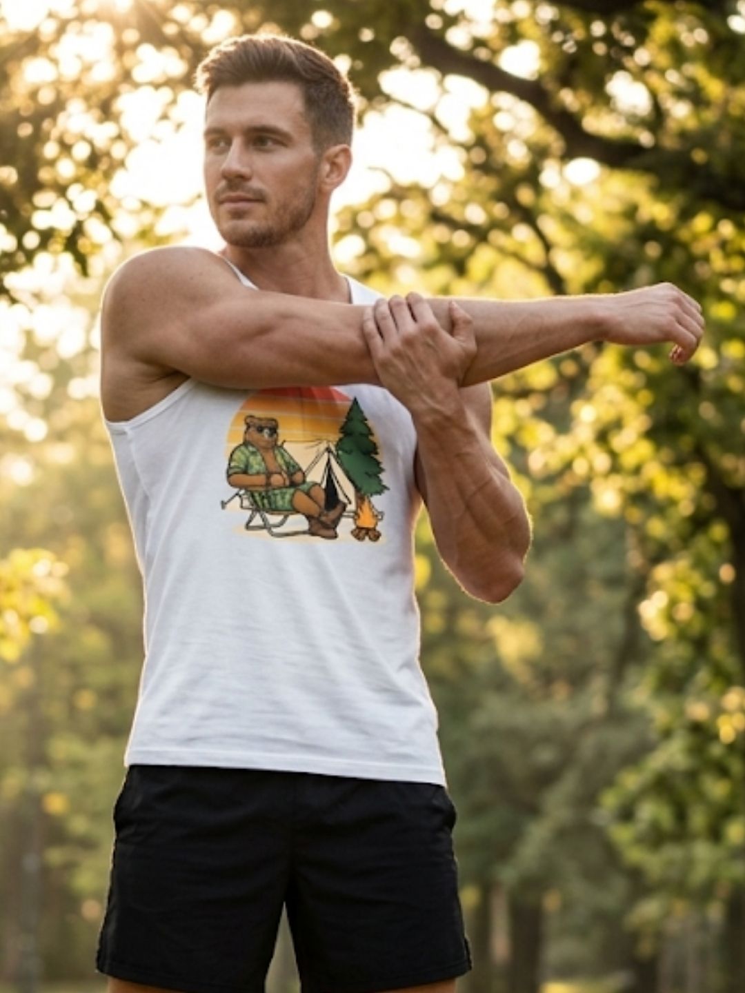 Camping Bear Sunset Muscle Tank – Men’s White