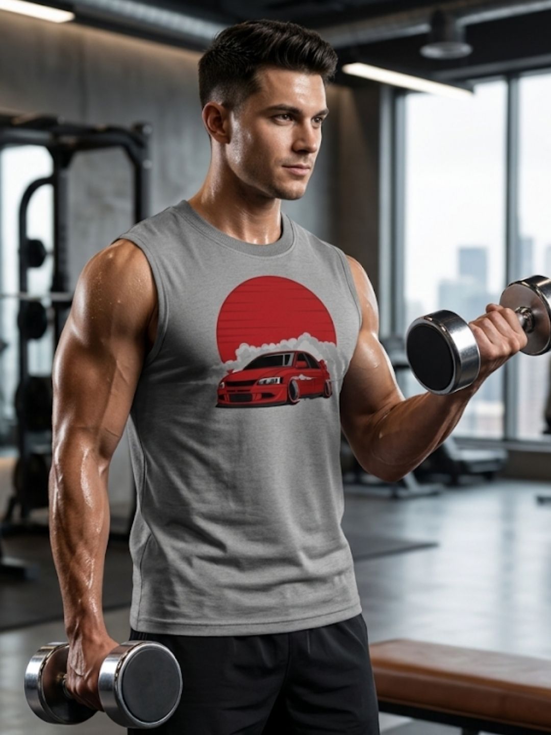 JDM Drift Car Red Sun Muscle Tank – Men’s Grey