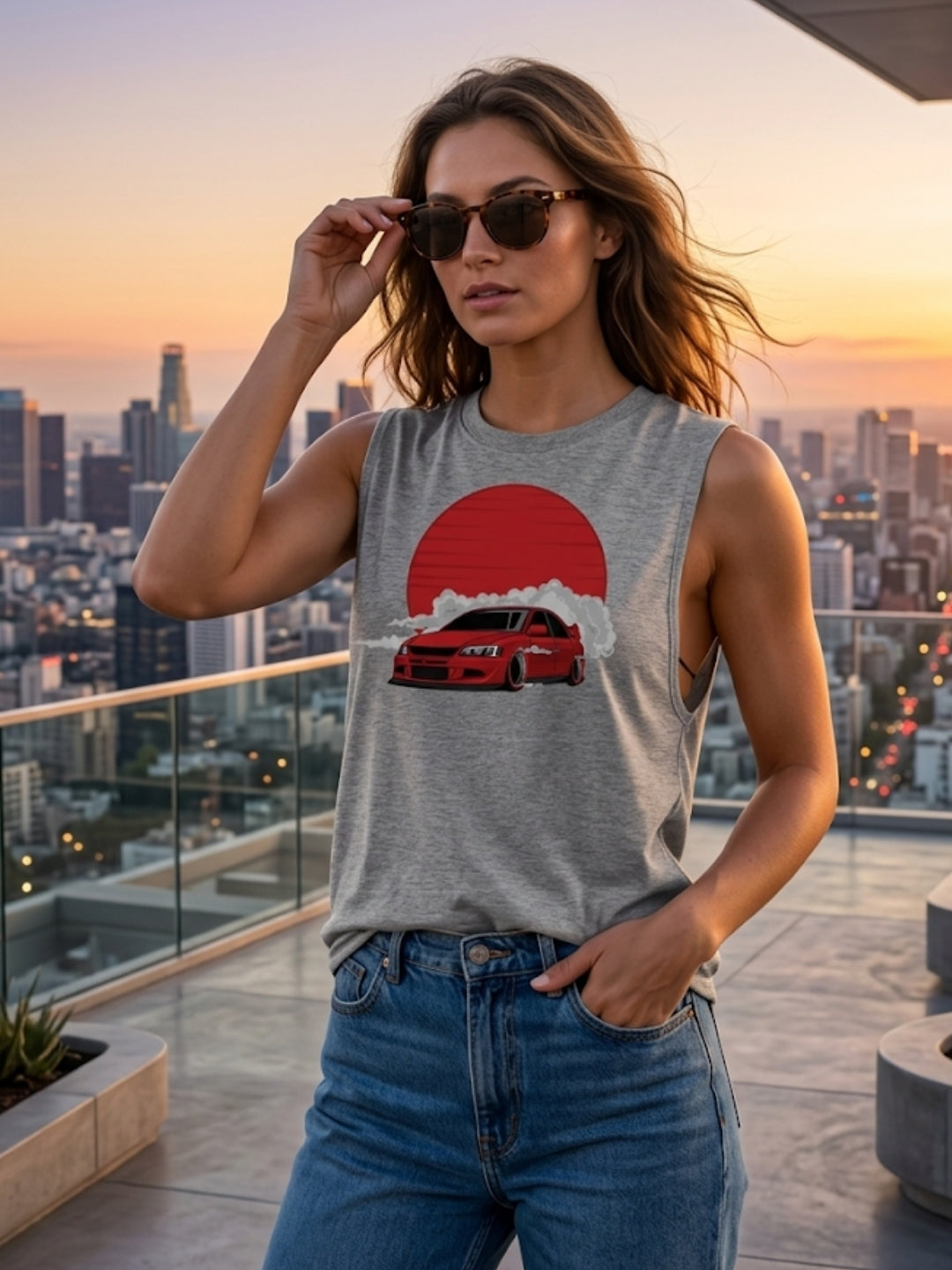 JDM Drift Car Red Sun Muscle Tank – Women’s Grey