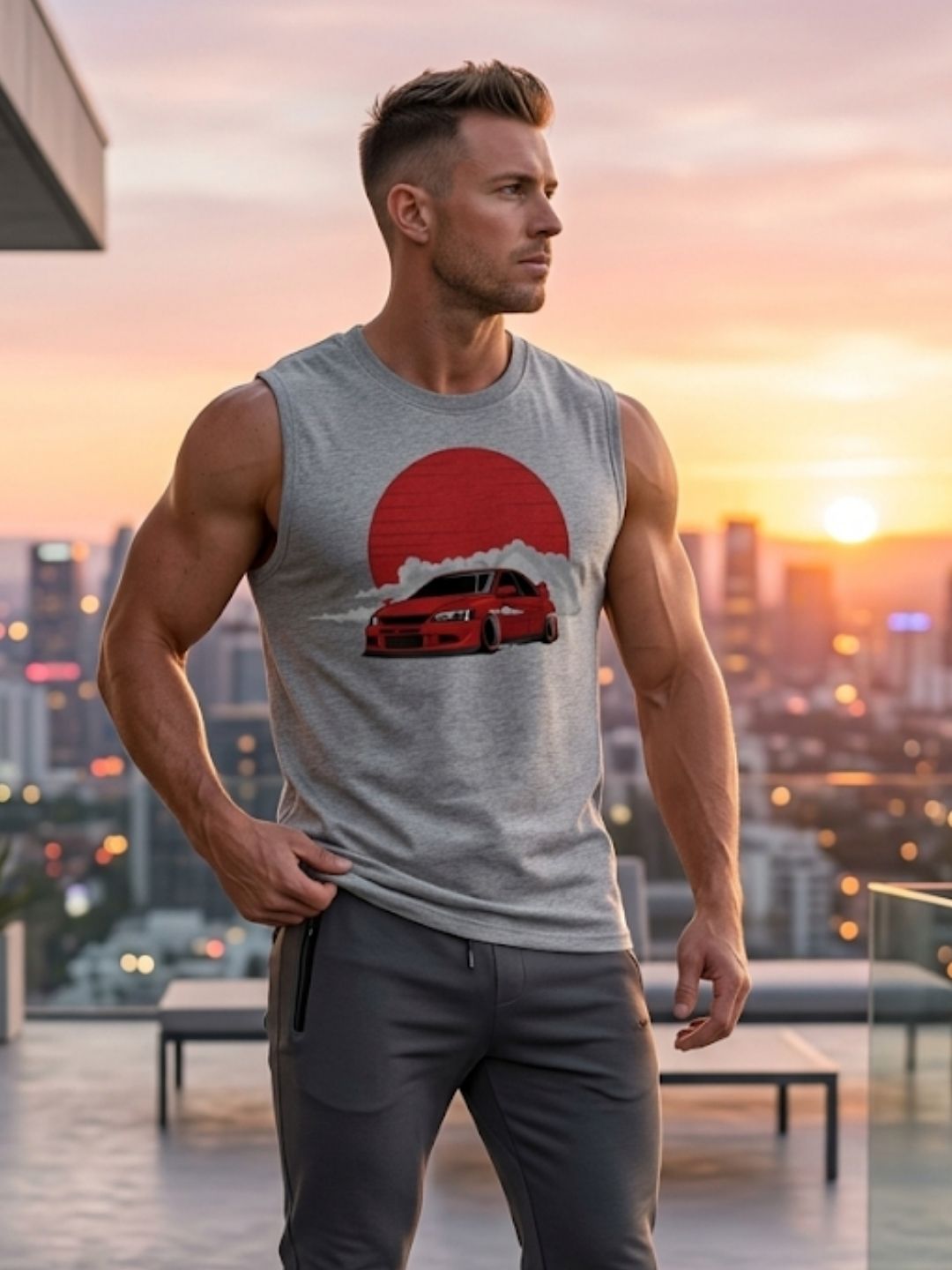JDM Drift Car Red Sun Muscle Tank – Men’s Grey