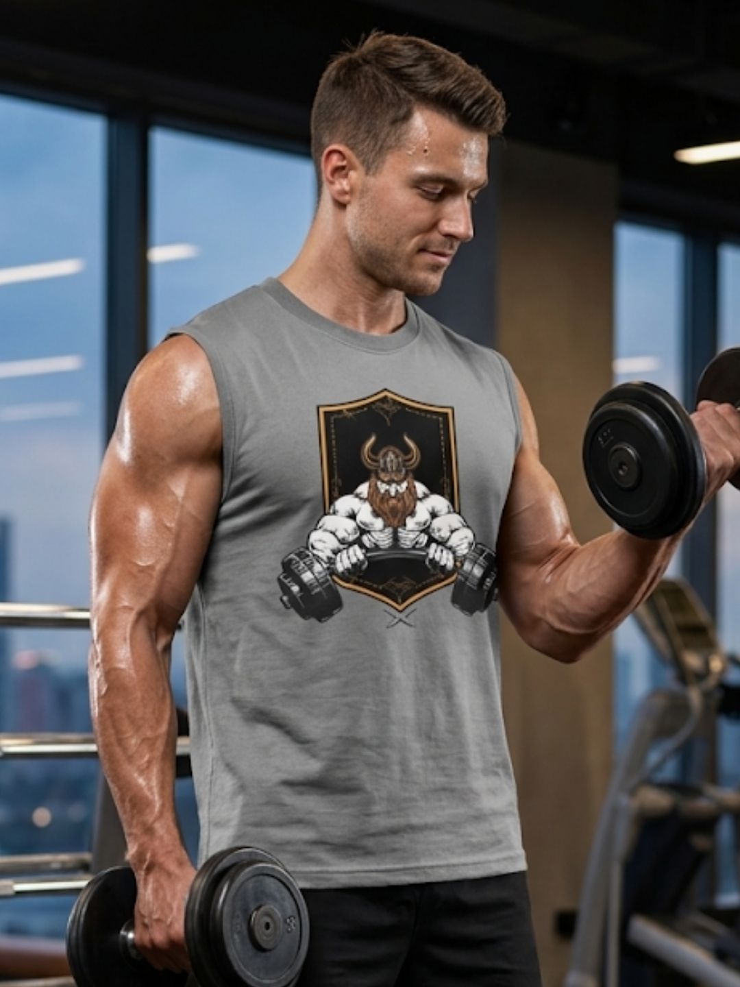 Viking Warrior Dumbbell Shield Muscle Tank – Men’s Grey