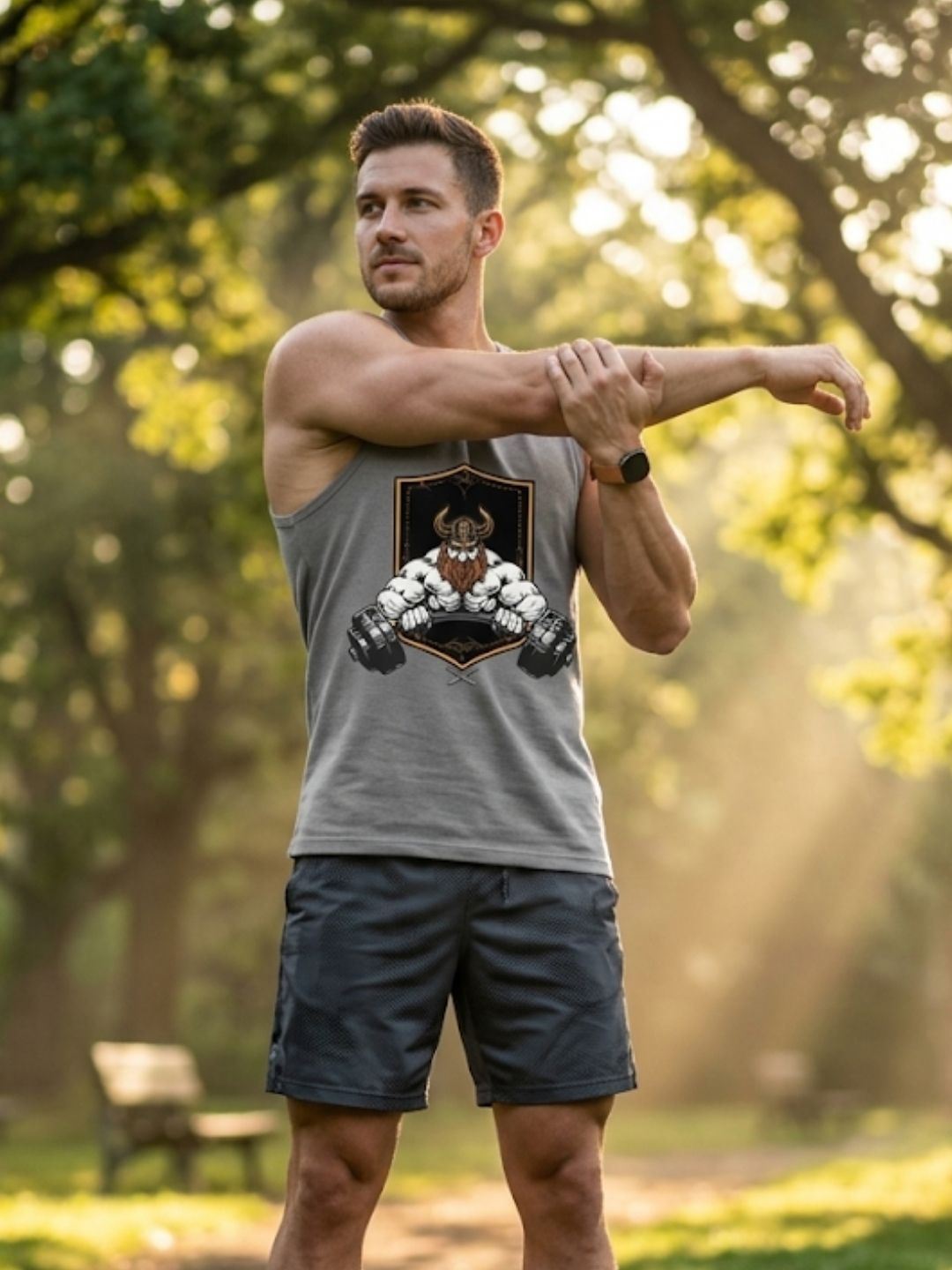 Viking Warrior Dumbbell Shield Muscle Tank – Men’s Grey