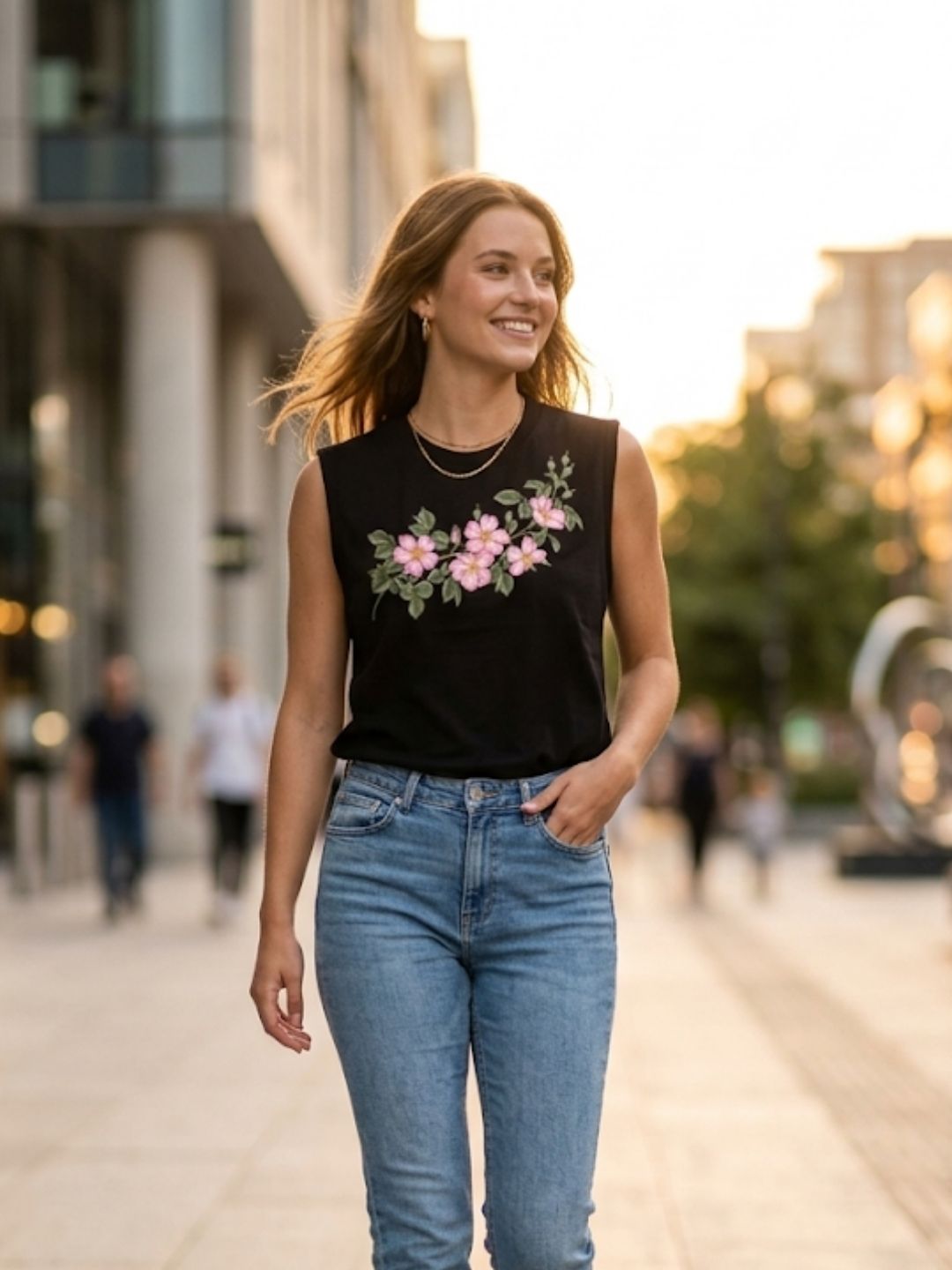 Cherry Blossom Garland Muscle Tank – Women’s Black