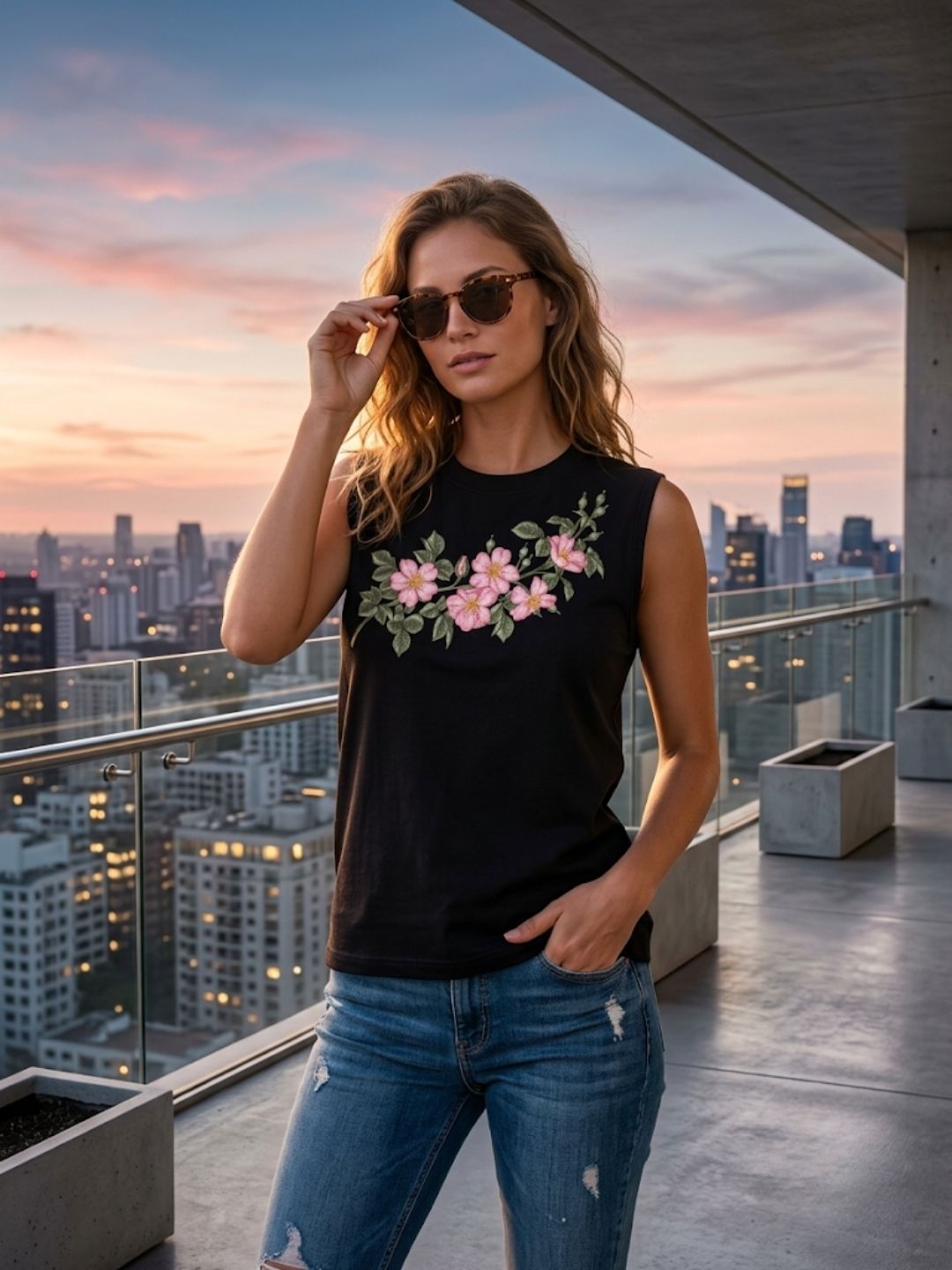 Cherry Blossom Garland Muscle Tank – Women’s Black
