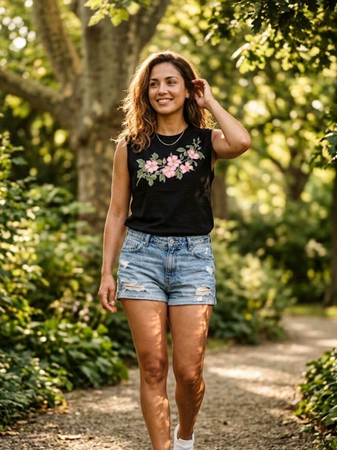 Cherry Blossom Garland Muscle Tank – Women’s Black