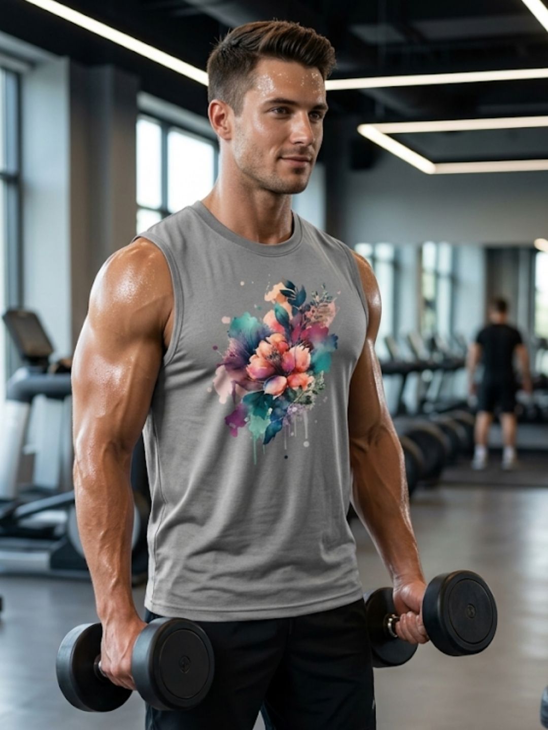 Watercolour Floral Splash Muscle Tank – Men’s Grey