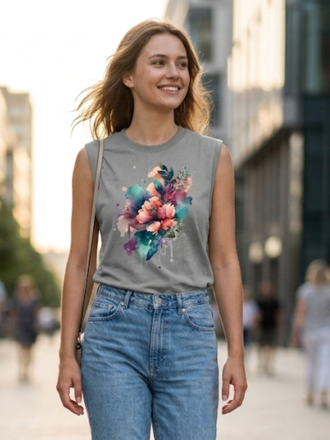 Watercolour Floral Bouquet Muscle Tank – Women’s Grey