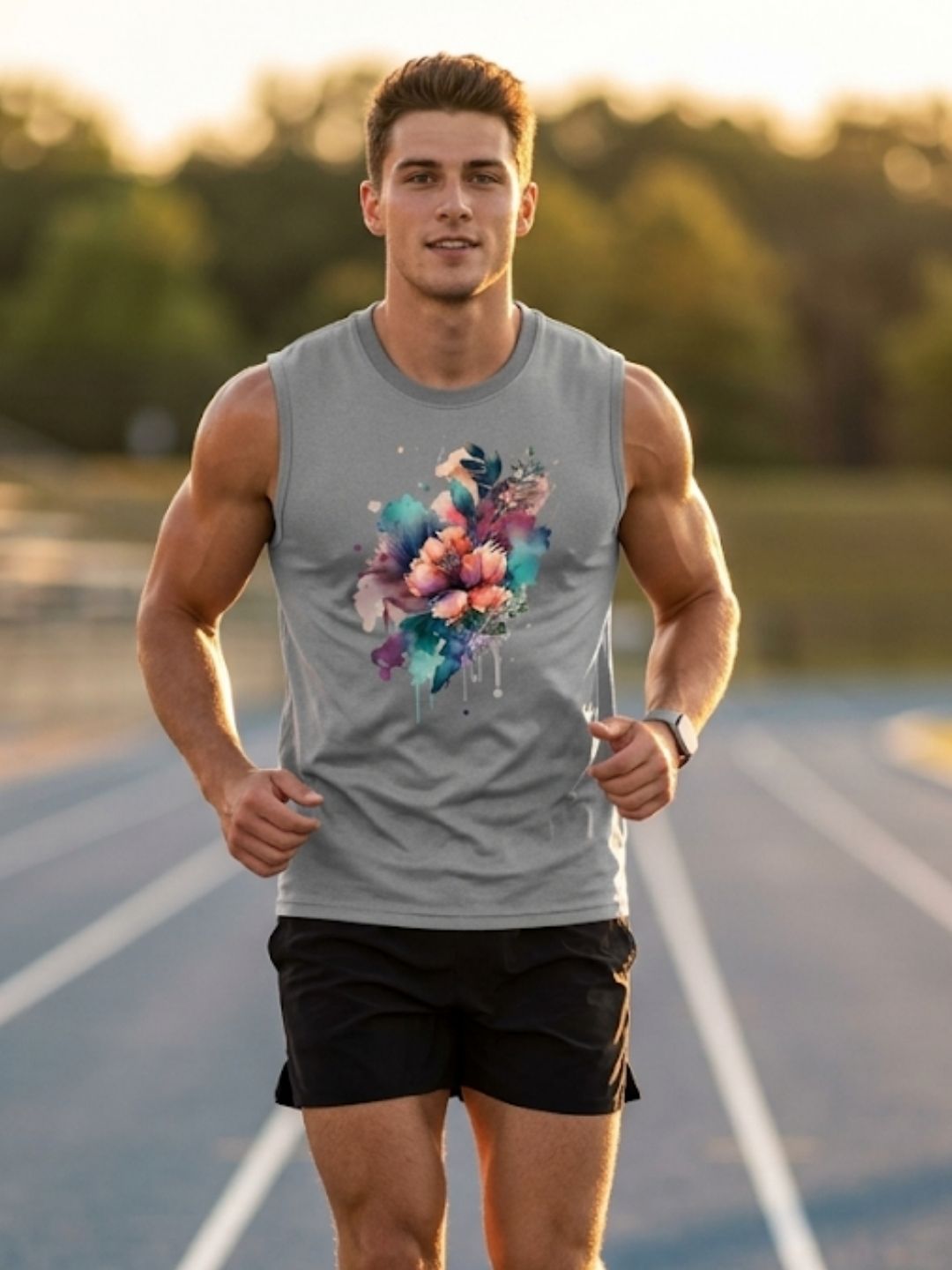 Watercolour Floral Splash Muscle Tank – Men’s Grey
