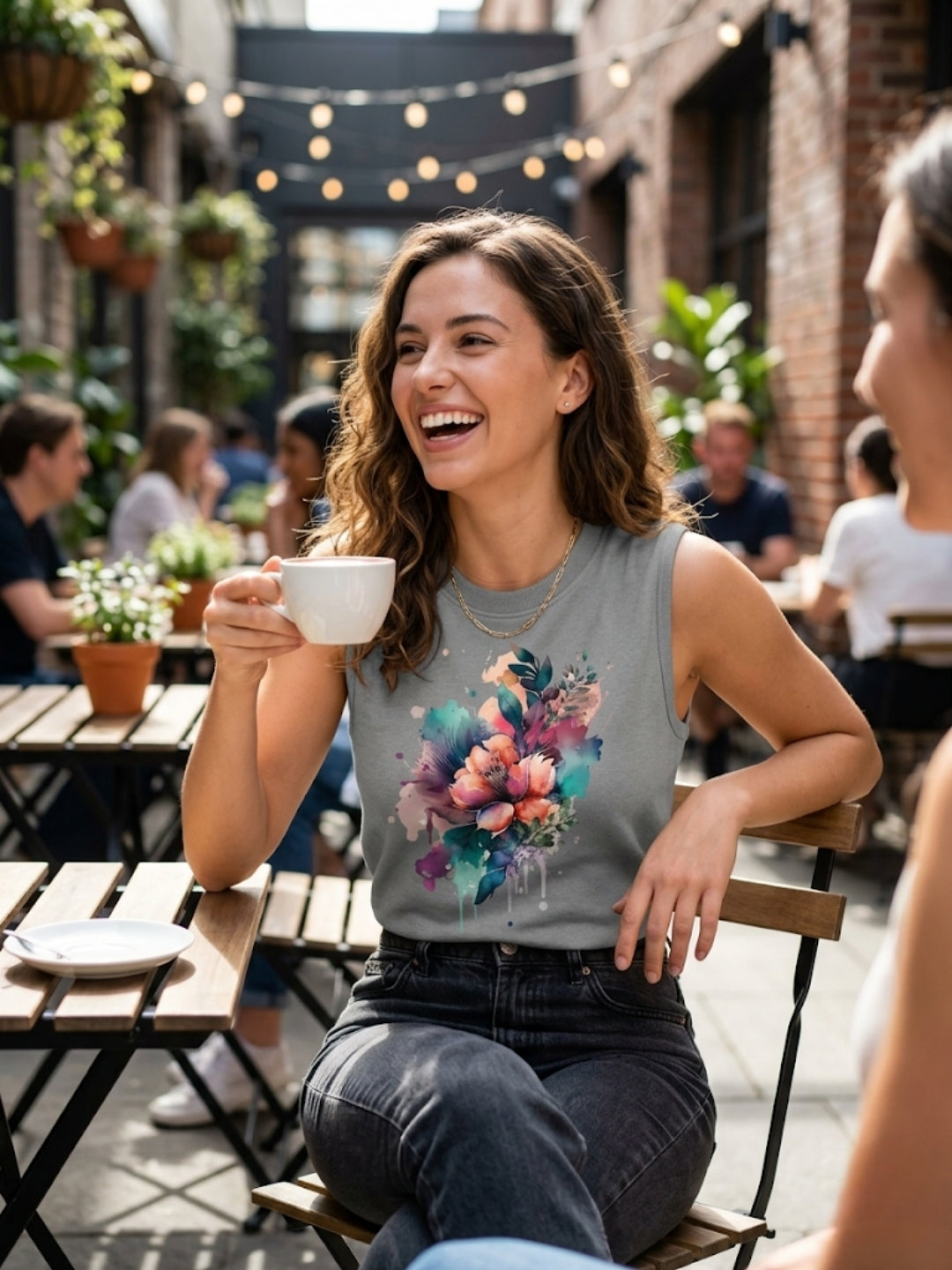 Watercolour Floral Bouquet Muscle Tank – Women’s Grey