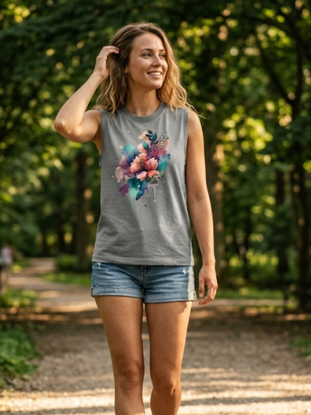 Watercolour Floral Bouquet Muscle Tank – Women’s Grey