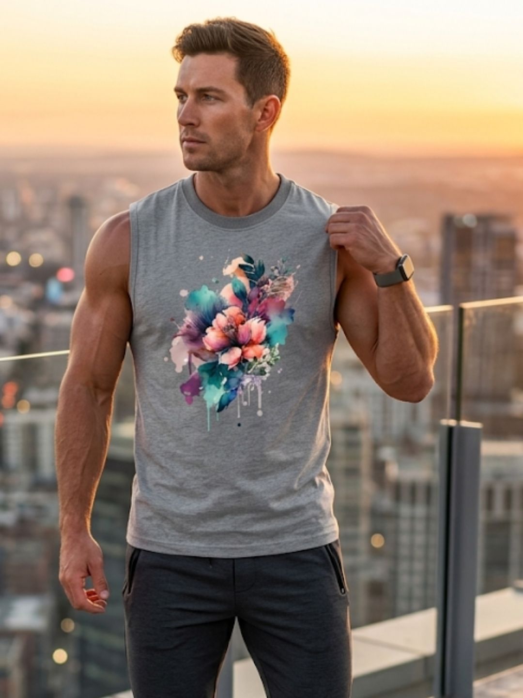 Watercolour Floral Splash Muscle Tank – Men’s Grey