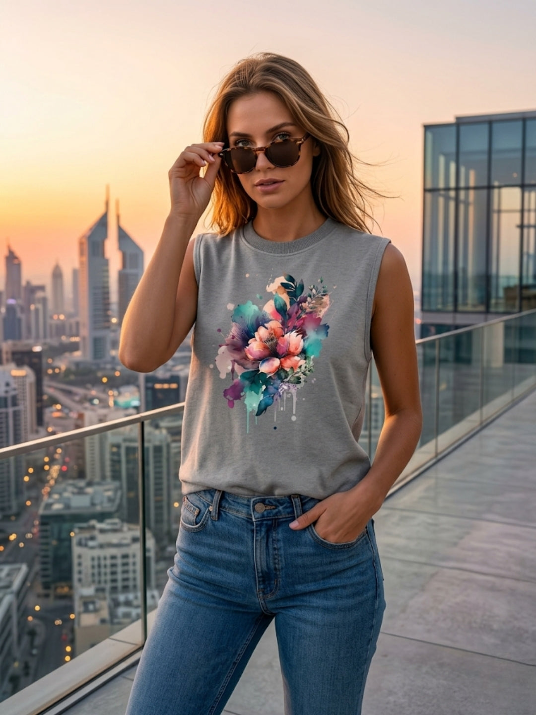 Watercolour Floral Bouquet Muscle Tank – Women’s Grey