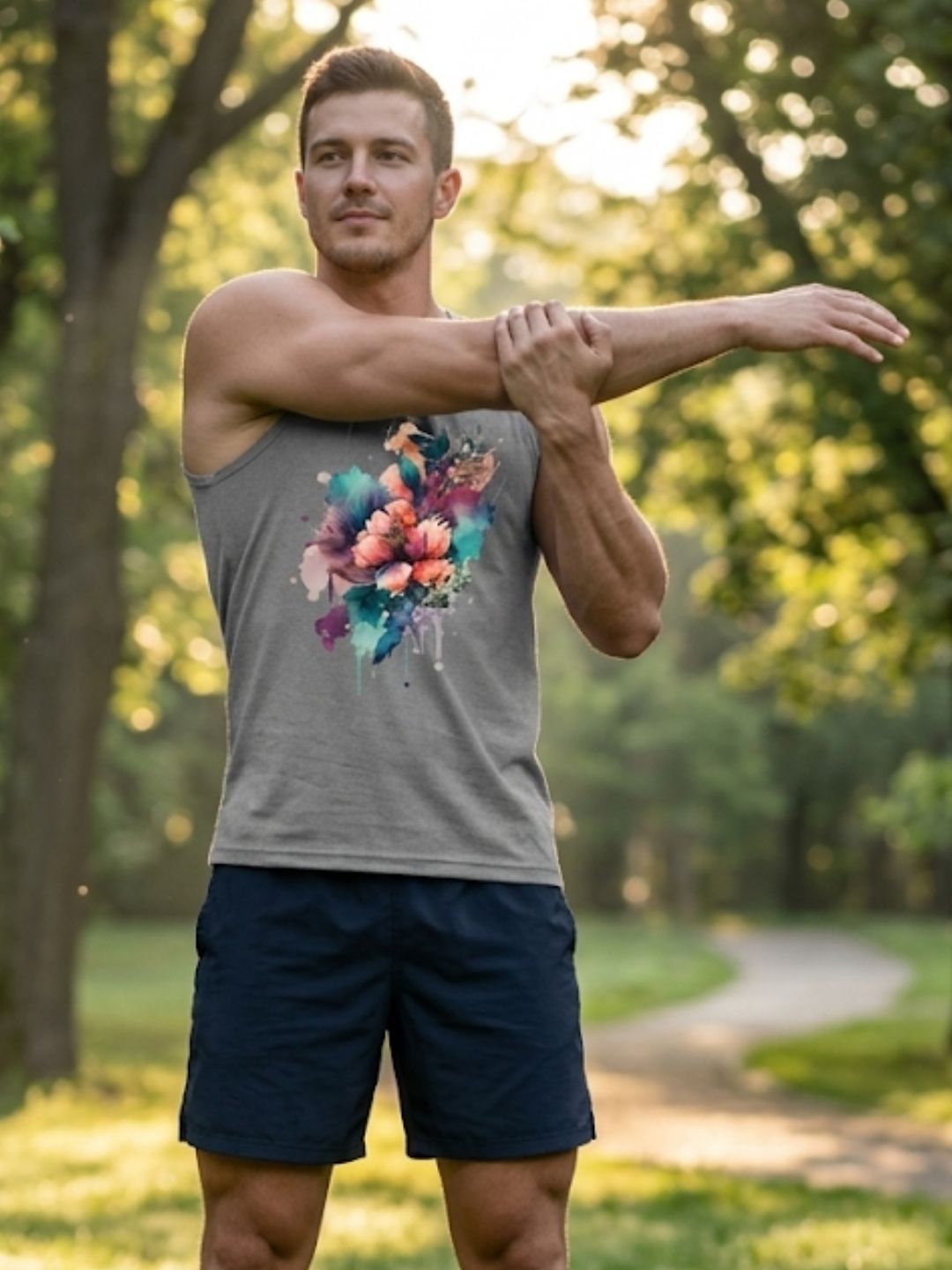 Watercolour Floral Splash Muscle Tank – Men’s Grey