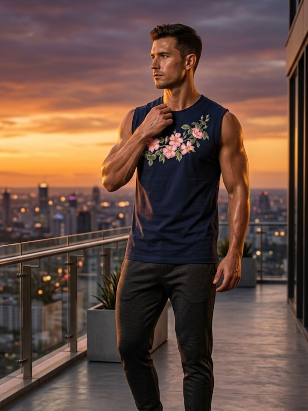 Cherry Blossom Garland Muscle Tank – Navy Blue