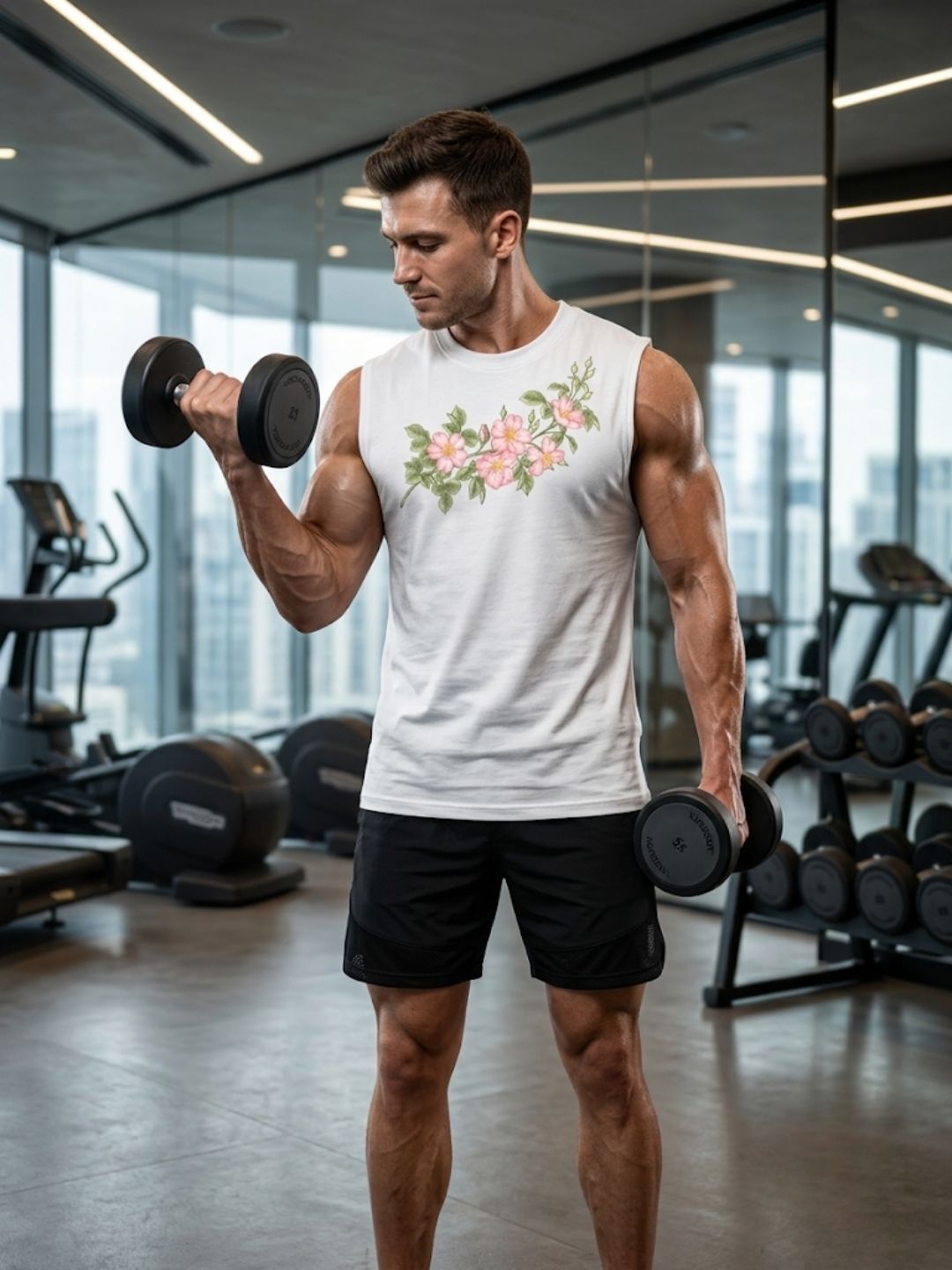 Wild Rose Floral Spray Muscle Tank – Men’s White