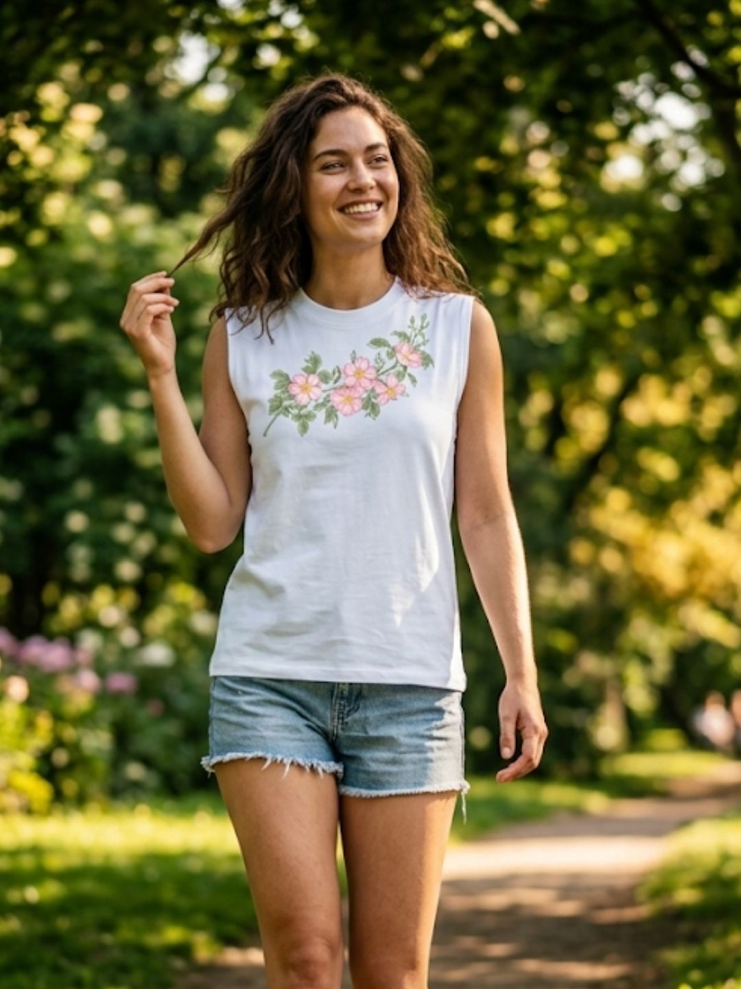 Cherry Blossom Garland Muscle Tank – Women’s White