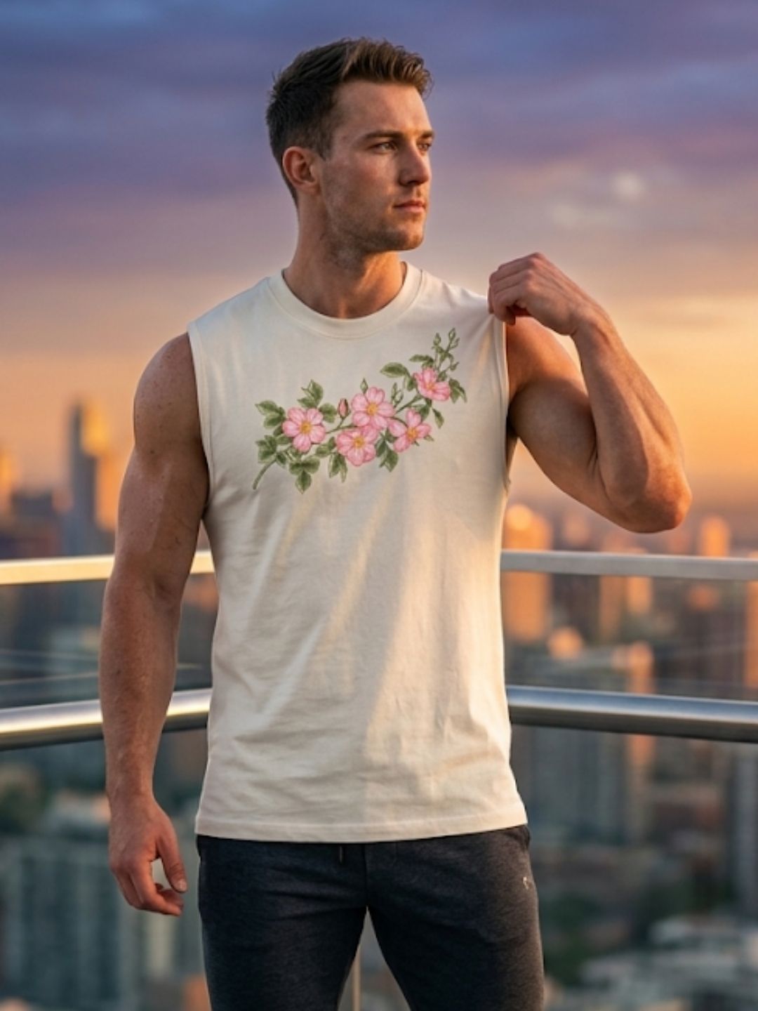 Wild Rose Floral Spray Muscle Tank – Men’s White