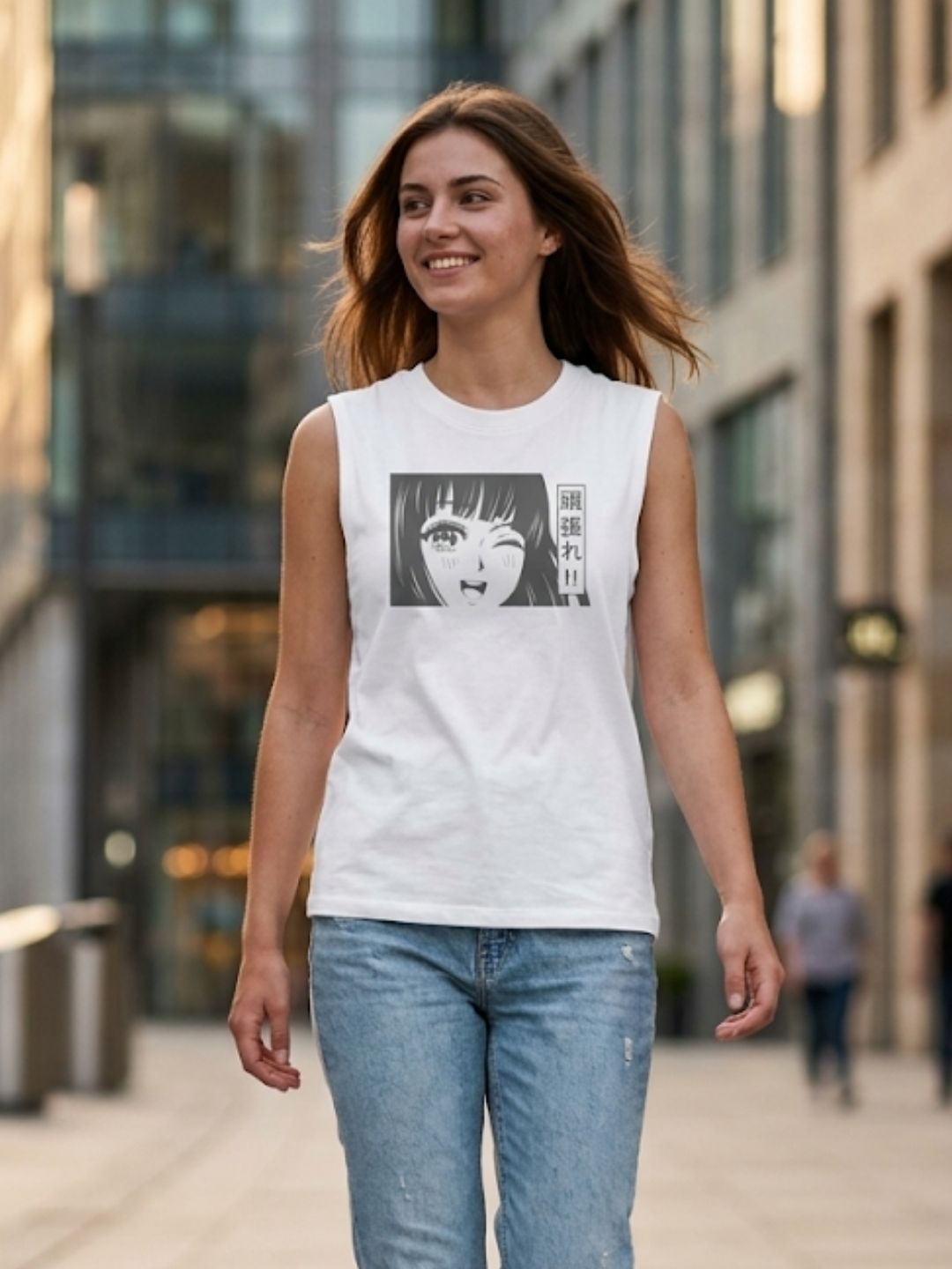 Ganbare!! Winking Anime Girl Muscle Tank – Women’s White