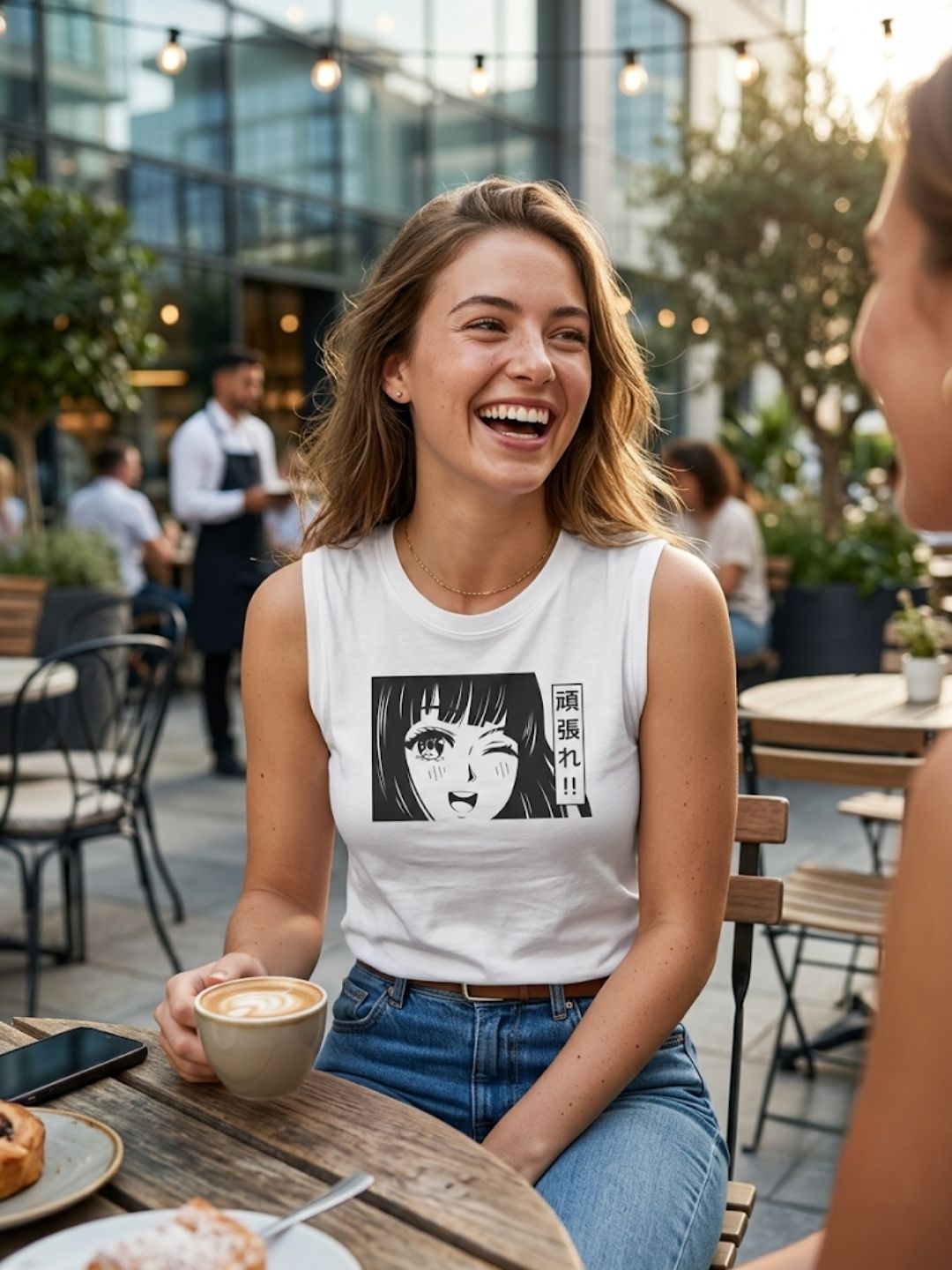 Ganbare!! Winking Anime Girl Muscle Tank – Women’s White