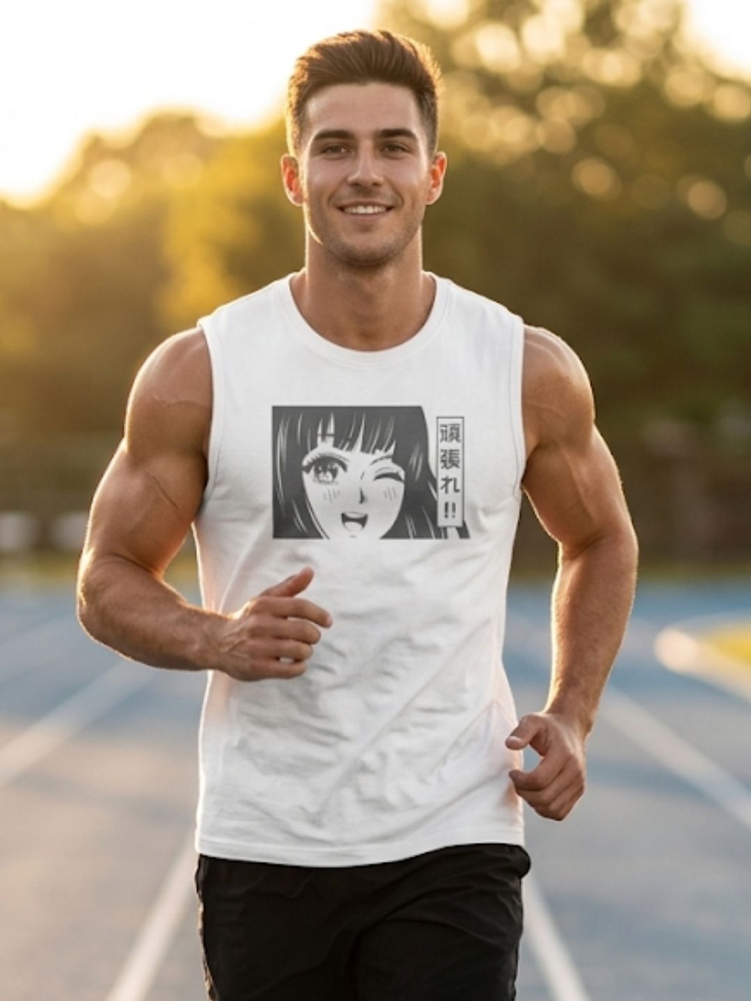 Anime Girl Ganbare Muscle Tank – Men’s White