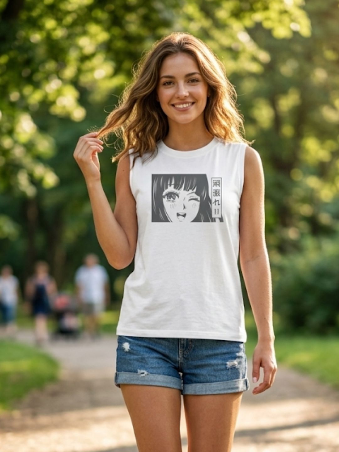 Ganbare!! Winking Anime Girl Muscle Tank – Women’s White