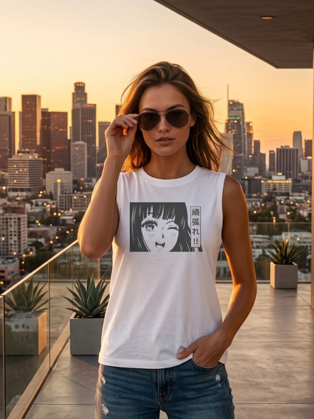 Ganbare!! Winking Anime Girl Muscle Tank – Women’s White