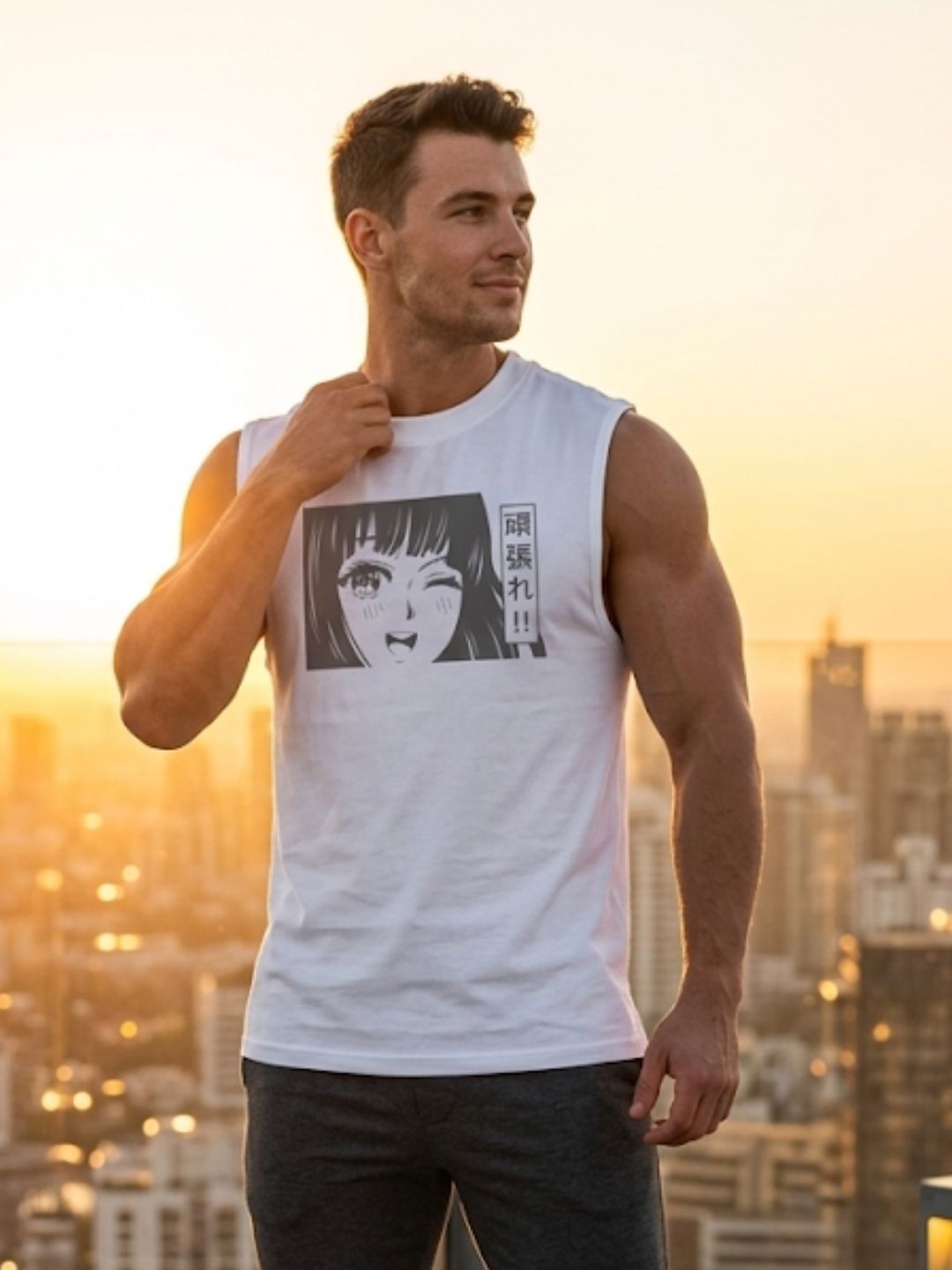 Anime Girl Ganbare Muscle Tank – Men’s White