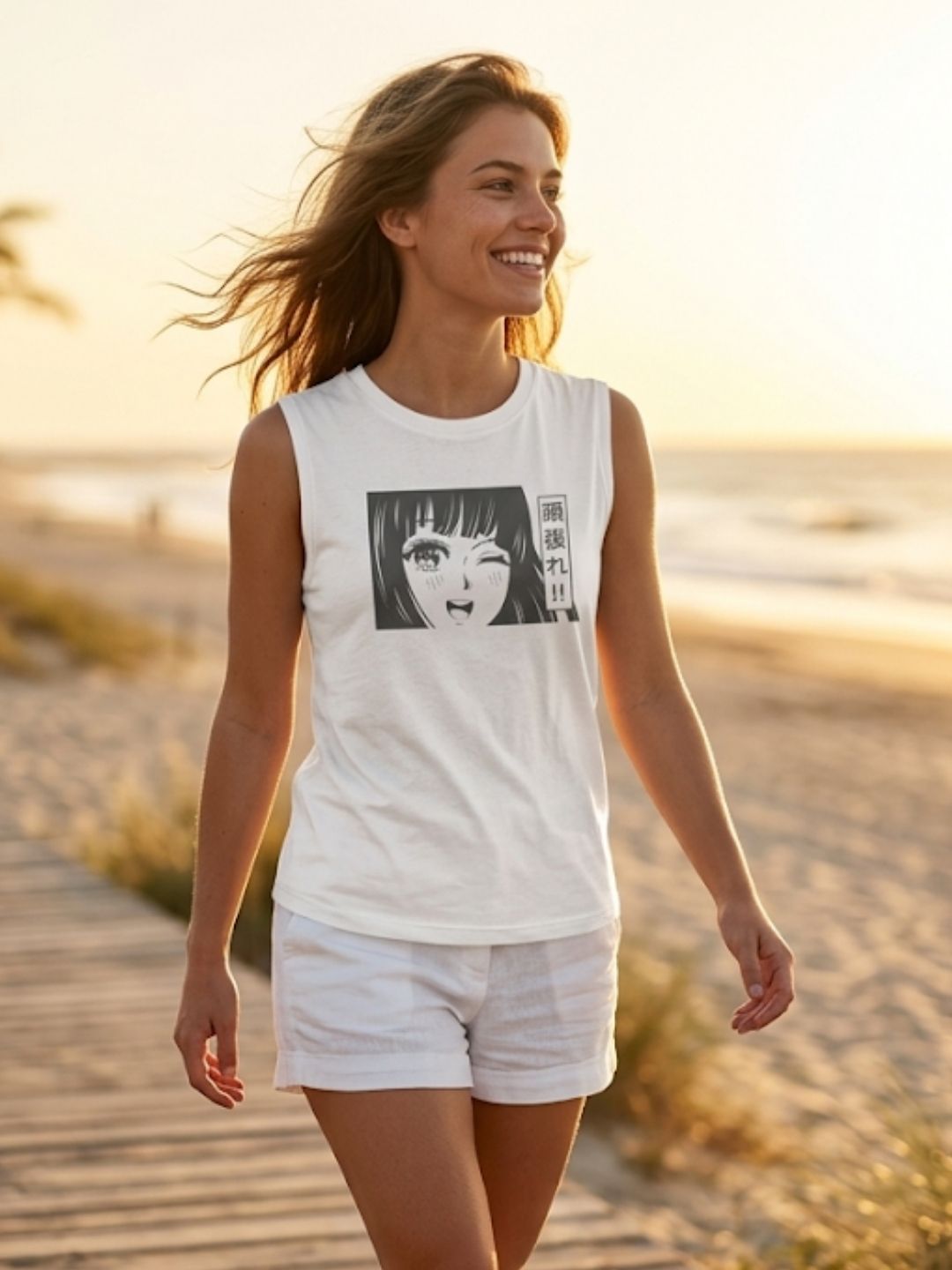 Ganbare!! Winking Anime Girl Muscle Tank – Women’s White