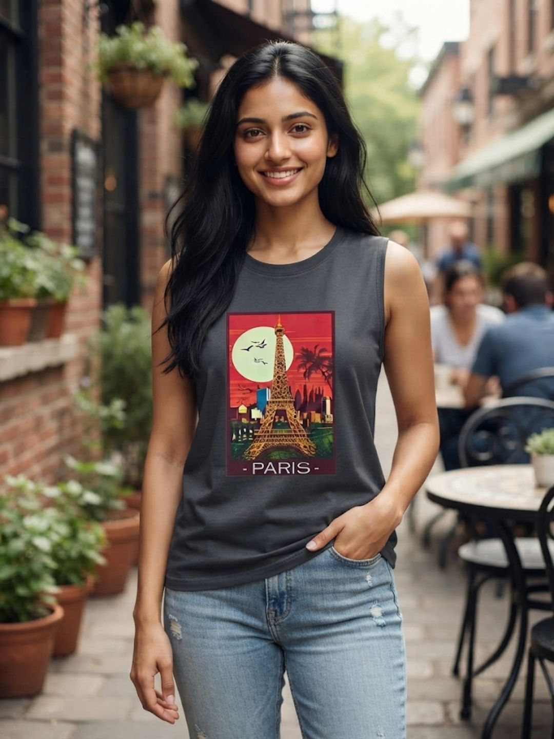 Women's Retro Eiffel Tower Sleeveless Tee | Dark Grey | The Modvue