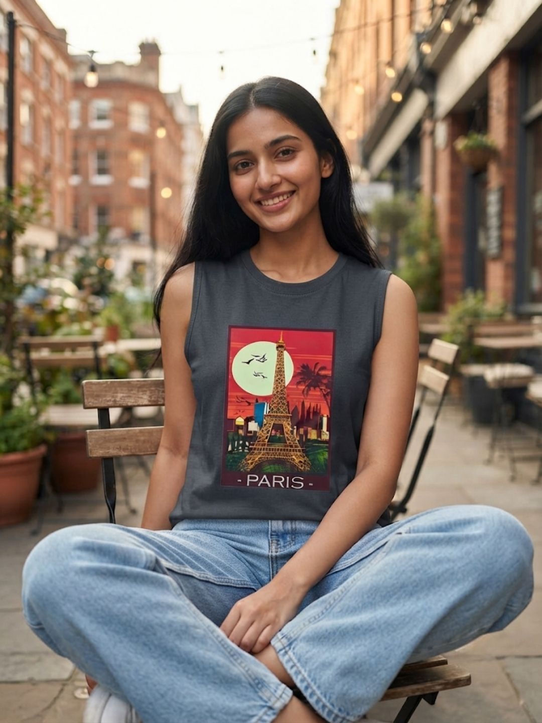 Women's Retro Eiffel Tower Sleeveless Tee | Dark Grey Graphic Tank