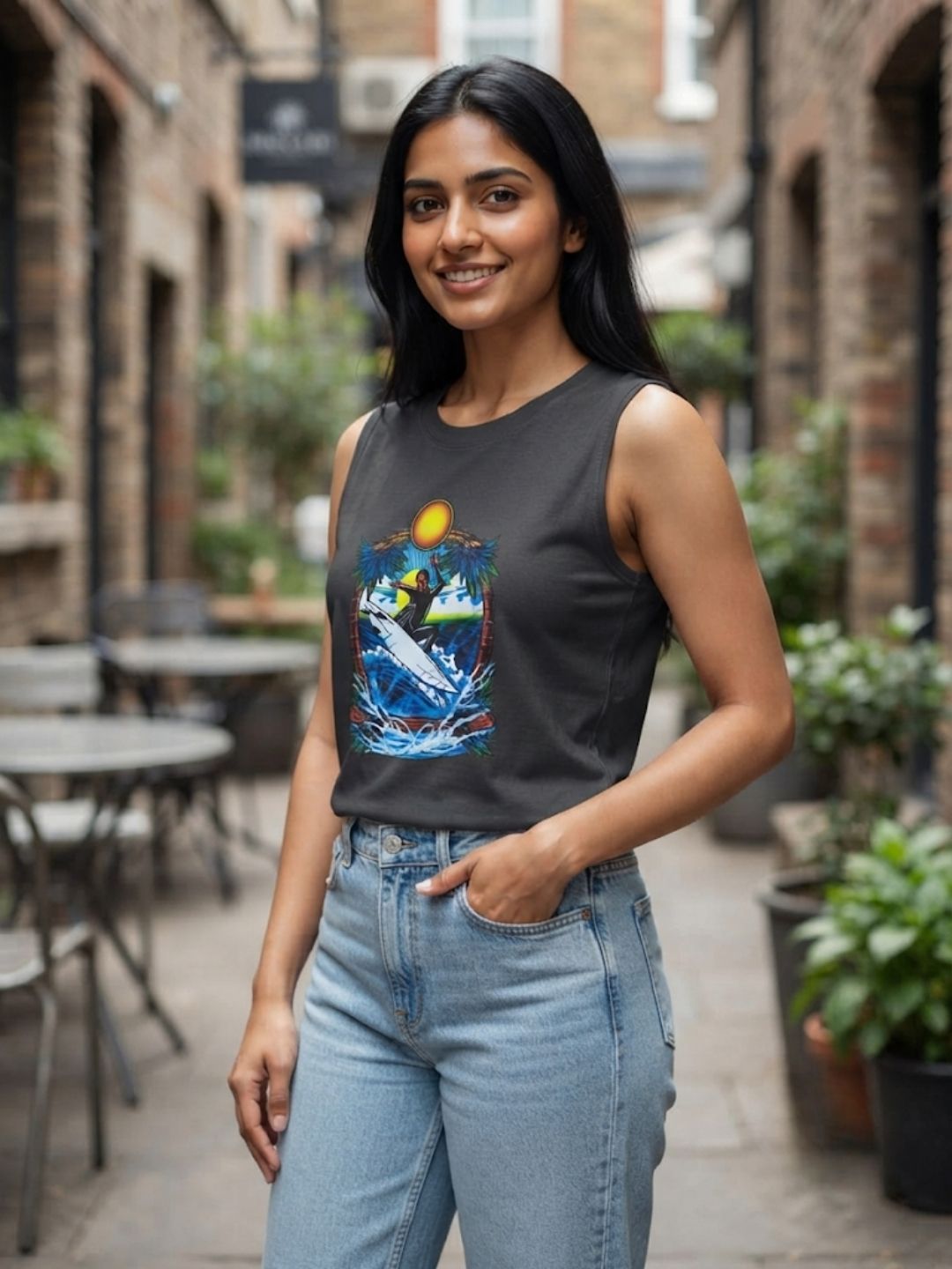 Women's Vintage Wave Rider Sleeveless Tee | Charcoal | The Modvue