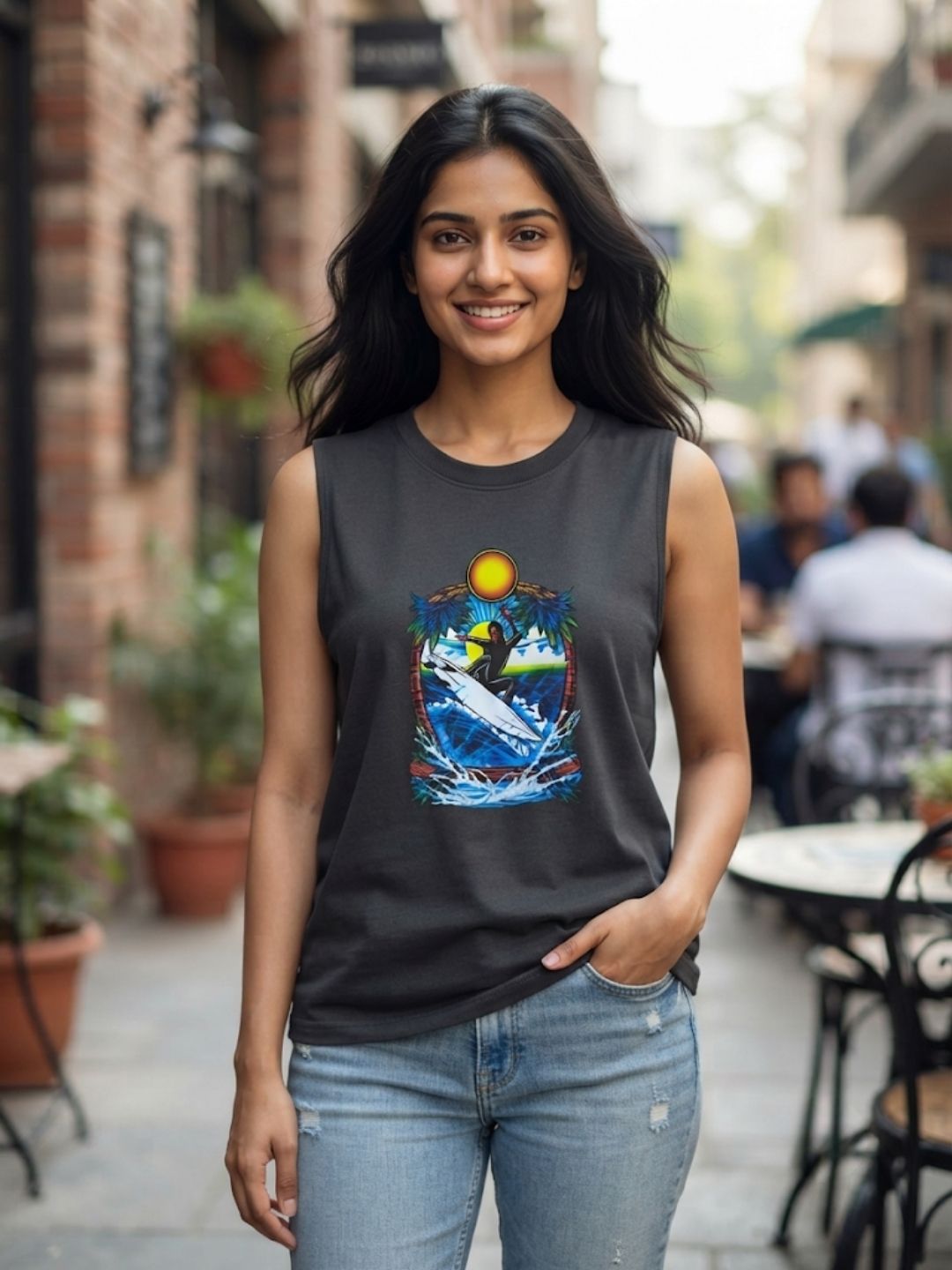 Women's Vintage Wave Rider Sleeveless Tee | Charcoal | The Modvue