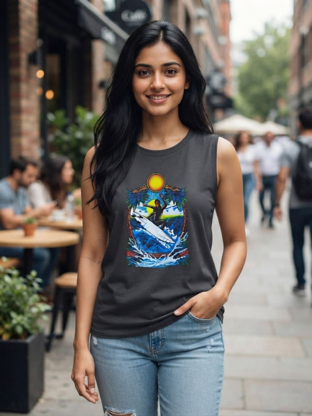 Women's Vintage Wave Rider Sleeveless Tee | Charcoal | The Modvue